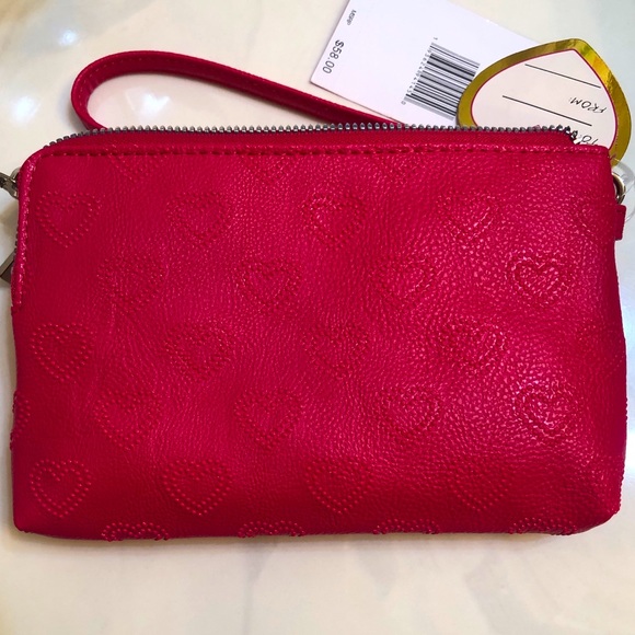 Betsey Johnson Red Faux Leather Double Zip Wristlet Embossed Heart Print NWT - Picture 6 of 10